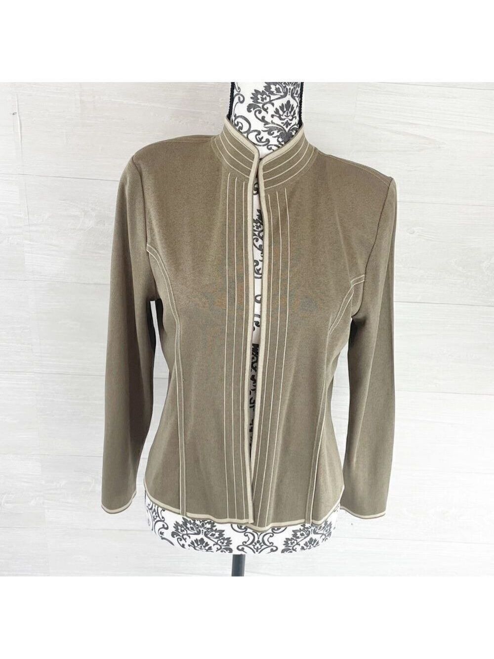 Ming Wang Striped Open Front mock Turtleneck Cardigan‎